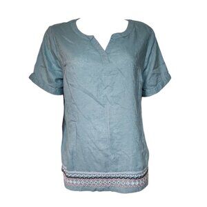 Naturals by D&Co Top Womens‎ Size M Medium Blue Embroidered Linen Pullover